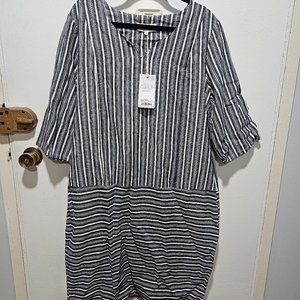 Dark navy and white stripped shift dress with 3/4 sleeves